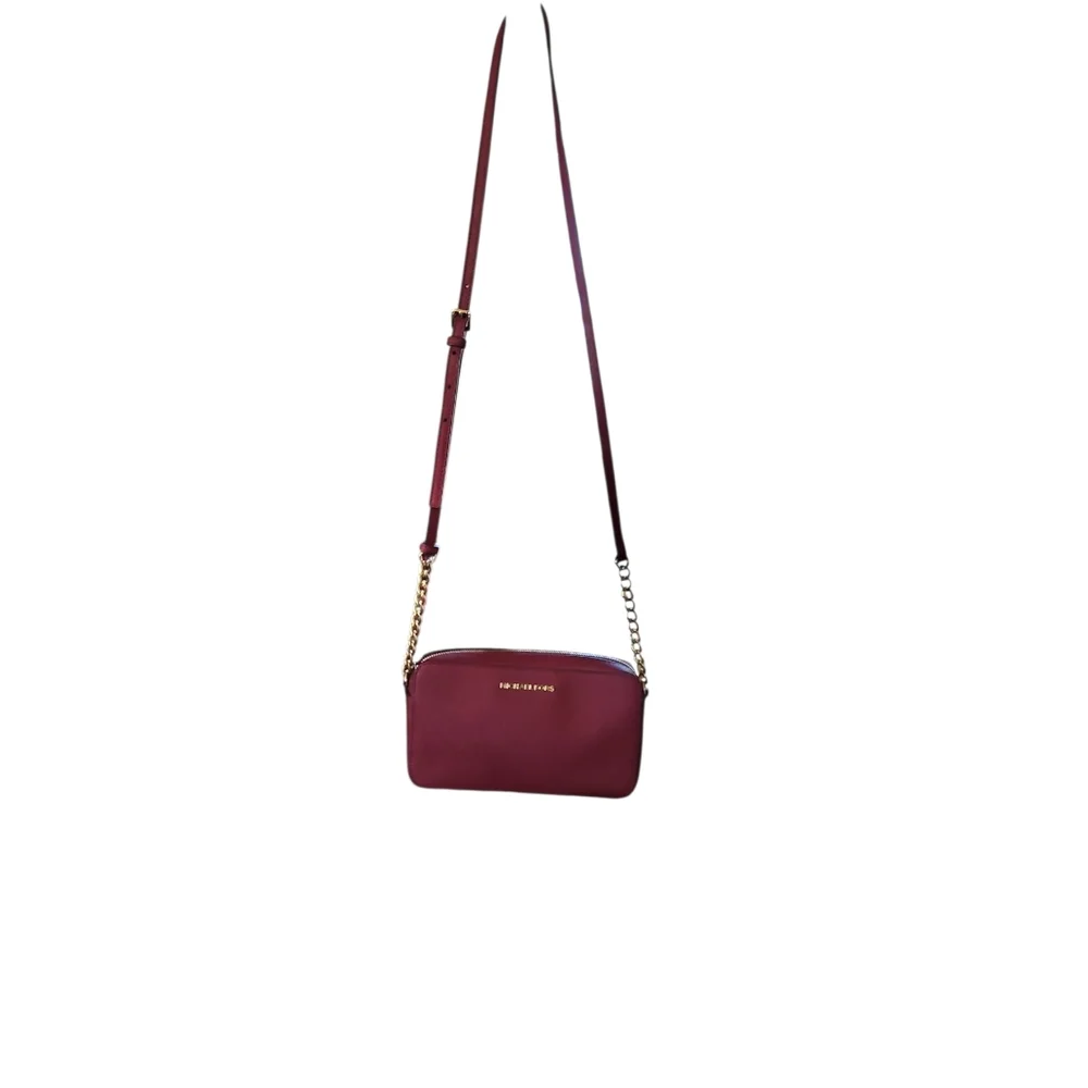 Michael Kors Jet Set Travel Crossbody Red Saffiano Leather Gold Chain MK Logo - Picture 3 of 9